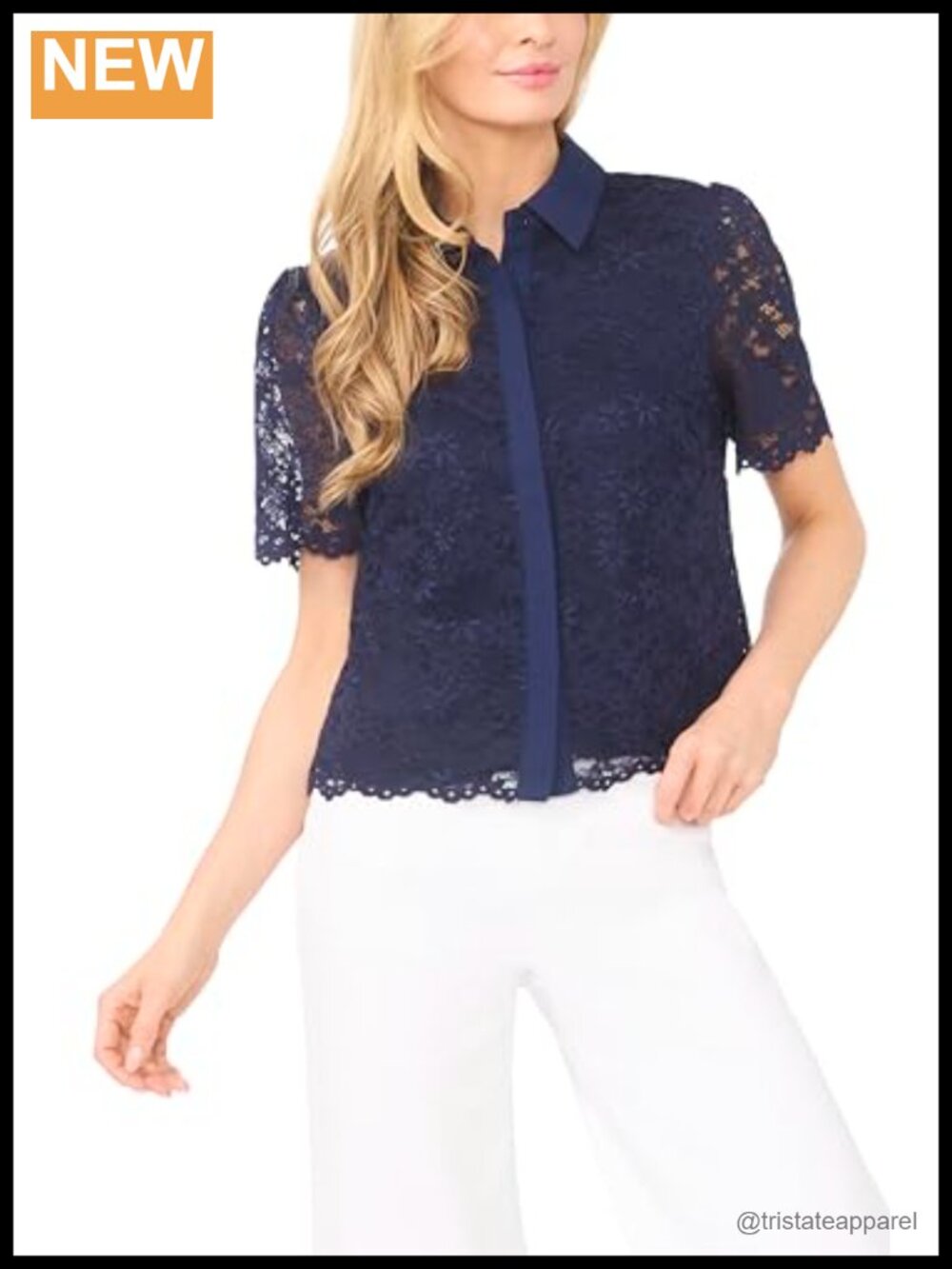 Lace Short Sleeve Hidden Placket Blouse - Button Down Collar